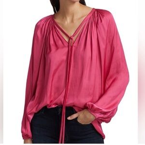Ramy Brook Fuchsia Satin Tie-Neck Blouse